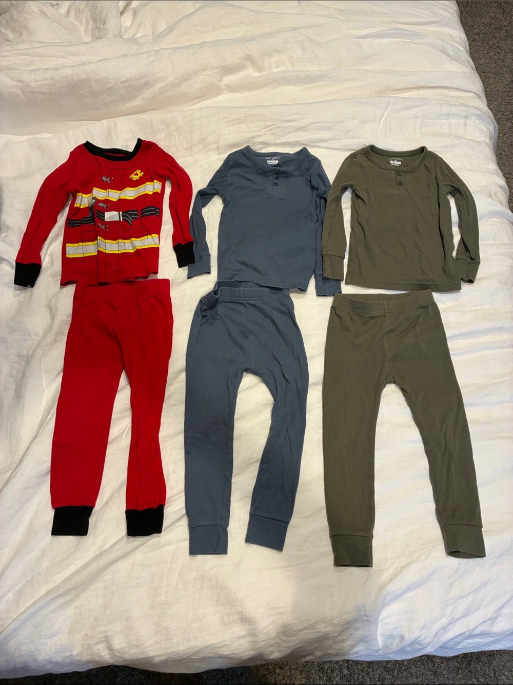 3 Kids Pajama Sets - Red Firetruck Top & Pants and a Blue and Olive ribbed set